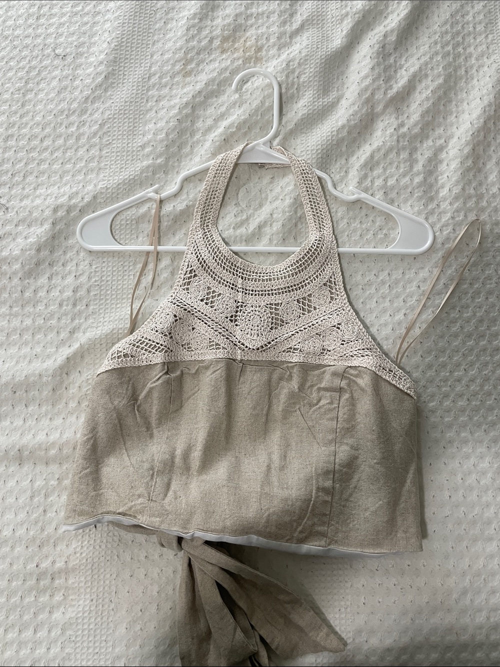 Crochet Halter Tie-Back Crop Top in Beige
